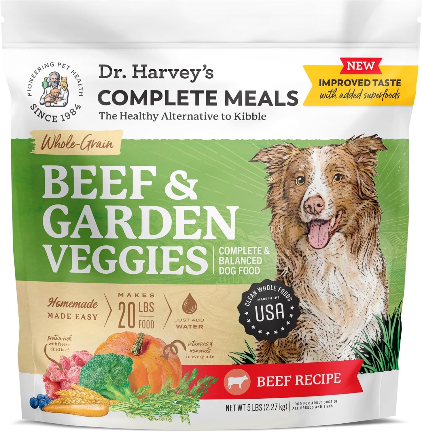 Dr. Harvey's Beef & Garden Veggies Dog Food, Whole-Grain Dehydrated Dog Food with Freeze-Dried Beef (5 Pounds)