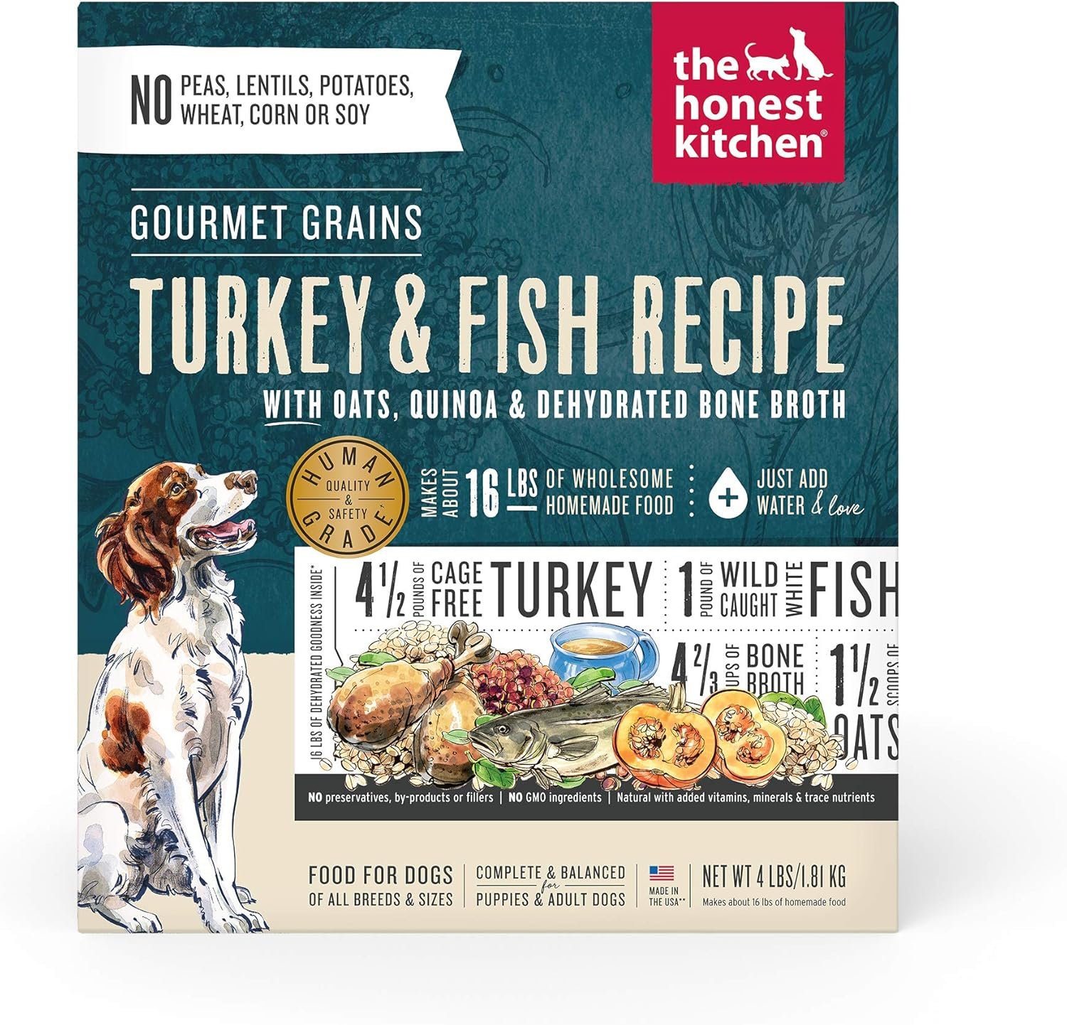 The Honest Kitchen Human Grade Dehydrated Dog Food, Gourmet Grains Turkey & White Fish Dog Food, 4 lb (makes 16lbs)