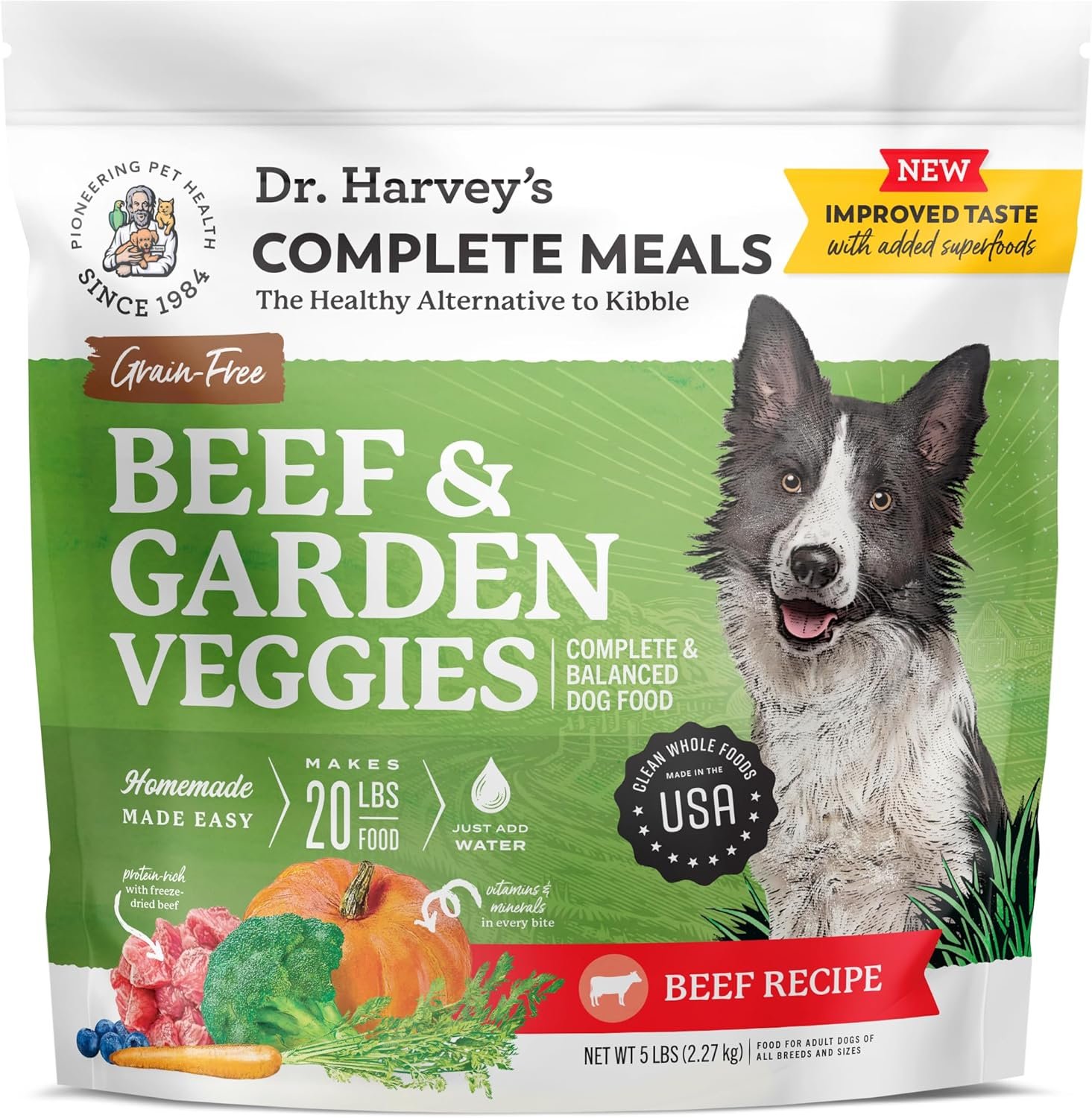 Dr. Harvey's Beef & Garden Veggies Dog Food, Grain-Free Dehydrated Food for Dogs with Freeze-Dried Beef (5 Pounds)