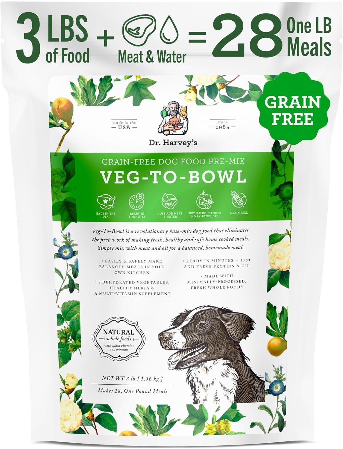 Dr. Harvey's Veg-to-Bowl Dog Food, Human Grade Dehydrated Base Mix for Dogs, Grain Free Holistic Mix (3 Pound)